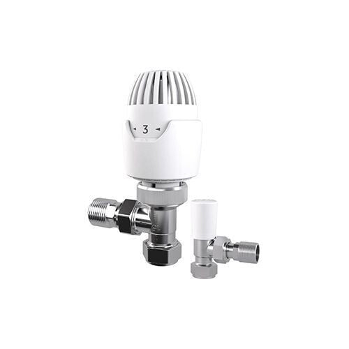 An angled thermostatic radiator valve with a white lockshield and silver-colored fittings.